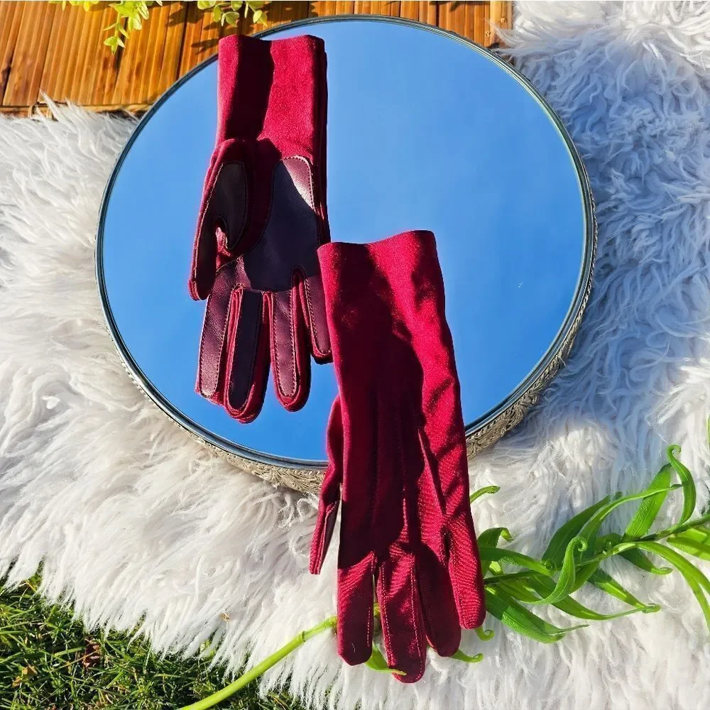 Stylish Burgandy Spandex Faux Leather Blend Statement Gloves.